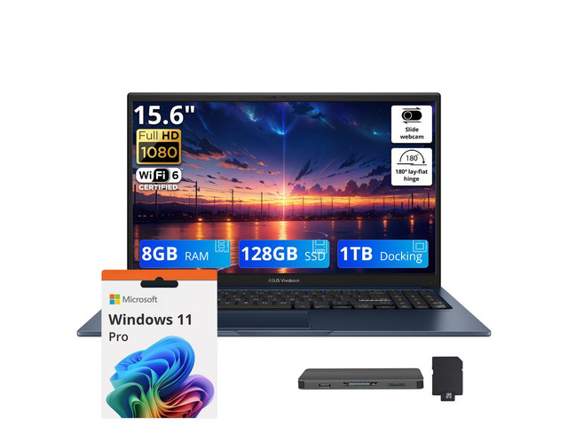 ASUS Vivobook 15.6' FHD Laptop, Intel Core 3 100U, 8GB DDR5, 1.12TB Storage (128GB SSD + 1TB Docking Station Set), Intel Graphics, Number Pad, 720p...
