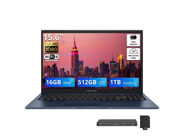 ASUS Vivobook 15.6' FHD Laptop, Intel Core 3 100U, 16GB DDR5, 1.5TB Storage (512GB SSD + 1TB Docking Station Set), Intel Graphics, Number Pad, 720p...