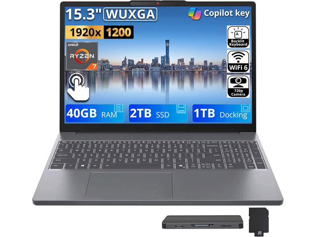 Lenovo IdeaPad Slim 3 Laptop, 15.3' WUXGA Touchscreen Display, AMD Ryzen 7 8840HS, 40GB DDR5, 3TB Storage (2TB SSD+1TB Docking Station Set),...
