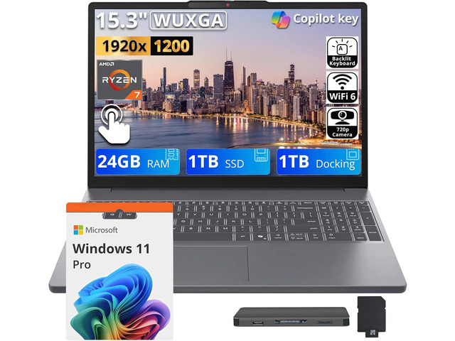 Lenovo IdeaPad Slim 3 15.3' WUXGA Touchscreen Laptop, AMD Ryzen 7 8840HS, 24GB DDR5 RAM, 2TB Storage (1TB SSD + 1TB Docking Station), Backlit...
