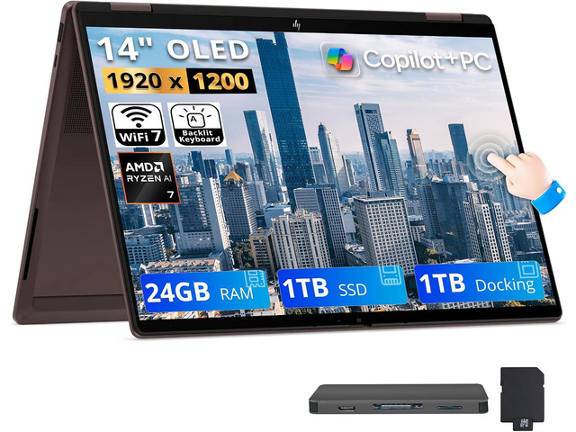 HP OmniBook X Flip 2-in-1 14' 2K OLED Touchscreen Laptop, AMD Ryzen AI 7 445, 24GB LPDDR5X, 2TB Storage (1TB SSD+1TB Docking Station), Copilot+ PC,...