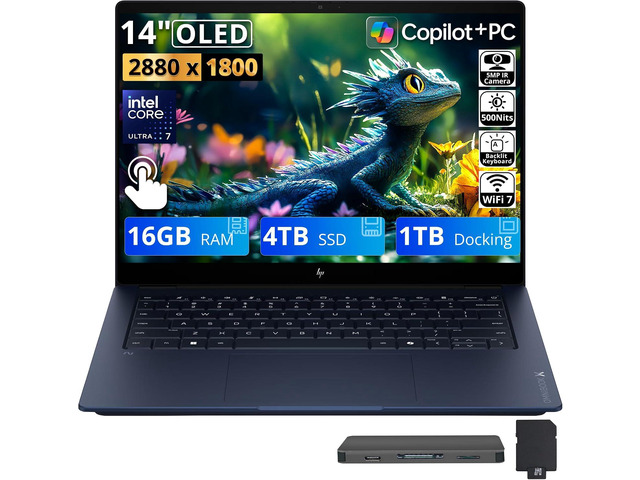 HP OmniBook X 14' 3K OLED Touch Laptop, Intel Core Ultra 7 355, 16GB LPDDR5X, 5TB Storage (4TB SSD+1TB Docking Station), Copilot+ PC, Backlit...