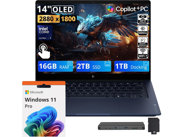 HP OmniBook X 14' 3K OLED Touch Laptop, Intel Core Ultra 7 355, 16GB LPDDR5X, 3TB Storage (2TB SSD+1TB Docking Station), Copilot+ PC, Backlit...