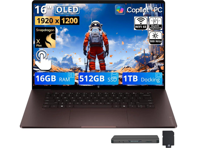 HP OmniBook X 16' 2K OLED Touch Laptop, Snapdragon X Plus X1P-42-100, 16GB RAM, 1.5TB Storage (512GB SSD+1TB Docking Station), Adreno Graphics,...