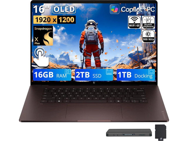 HP OmniBook X 16' 2K OLED Touch Laptop, Snapdragon X Plus X1P-42-100, 16GB RAM, 3TB Storage (2TB SSD+1TB Docking Station), Adreno Graphics,...