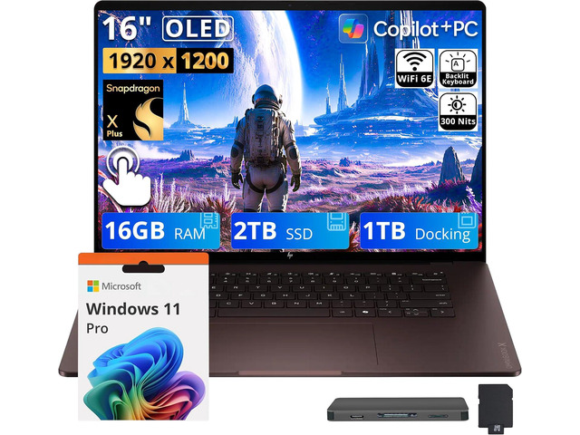 HP OmniBook X 16' 2K OLED Touch Laptop, Snapdragon X Plus X1P-42-100, 16GB RAM, 3TB Storage (2TB SSD+1TB Docking Station), Adreno Graphics,...