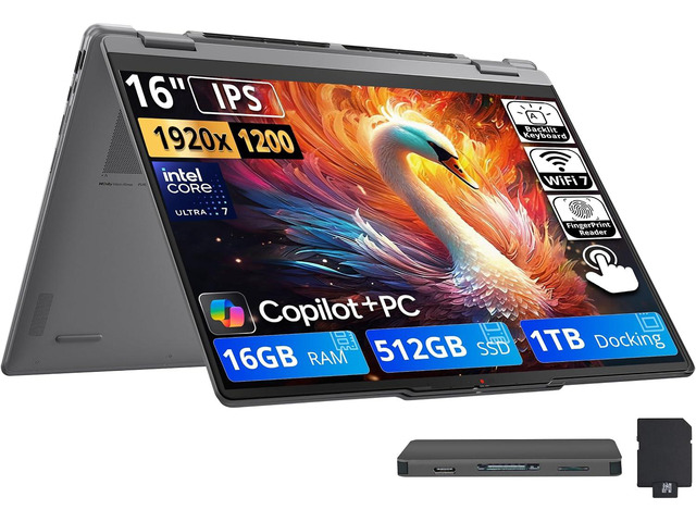 Lenovo Yoga 7i 2-in-1 16' 2K Touchscreen Laptop, Intel Ultra 7 355, 16GB LPDDR5X, 1.5TB Storage (512GB SSD+1TB Docking Station), Copilot+ PC,...