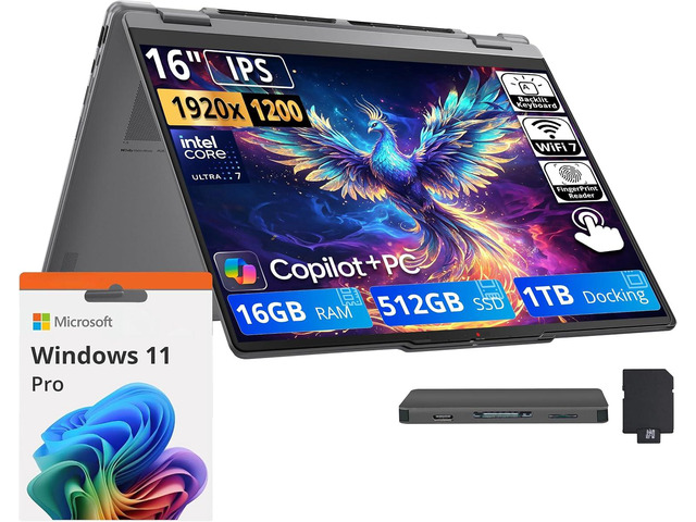 Lenovo Yoga 7i 2-in-1 16' 2K IPS Touchscreen Laptop, Intel Core Ultra 7 355, 16GB RAM, 1.5TB Storage (512GB SSD+1TB Docking Station), Copilot+ PC,...