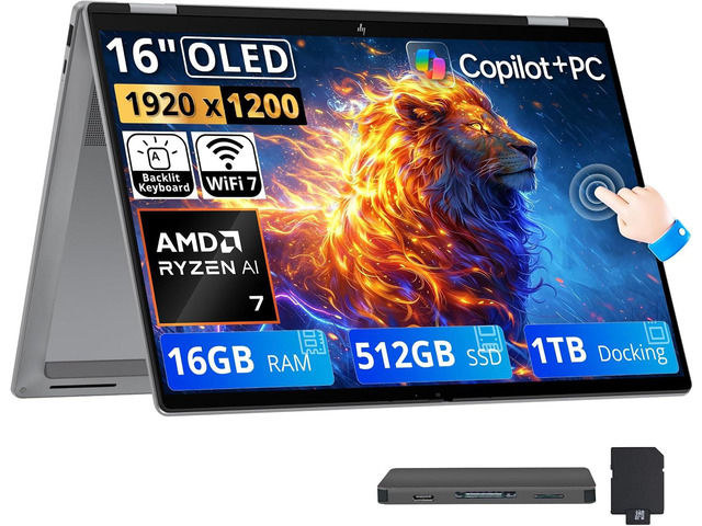HP OmniBook X Flip 2-in-1 16' 2K OLED Touchscreen Laptop, AMD Ryzen AI 7 445, 16GB LPDDR5X, 1.5TB Storage (512GB SSD+1TB Docking Station), Copilot+...
