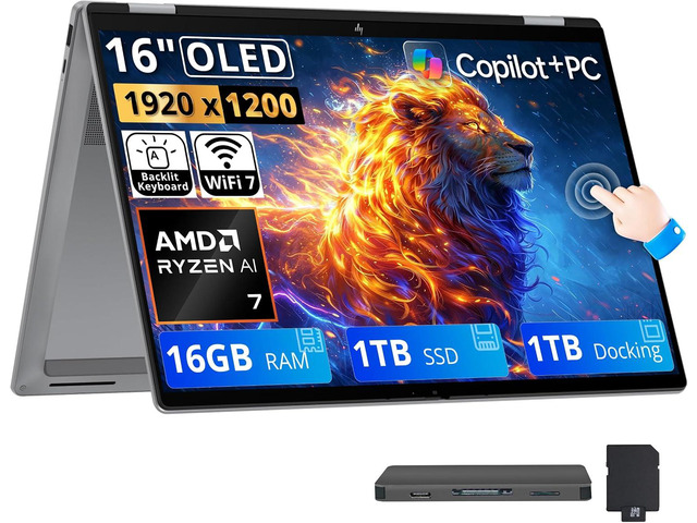 HP OmniBook X Flip 2-in-1 16' 2K OLED Touchscreen Laptop, AMD Ryzen AI 7 445, 16GB LPDDR5X, 2TB Storage (1TB SSD+1TB Docking Station), Copilot+ PC,...