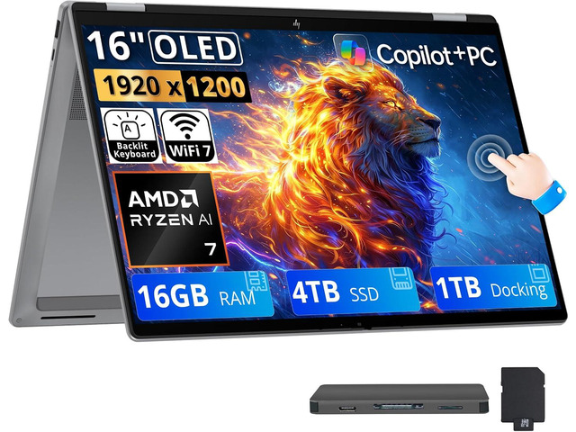 HP OmniBook X Flip 2-in-1 16' 2K OLED Touchscreen Laptop, AMD Ryzen AI 7 445, 16GB LPDDR5X, 5TB Storage (4TB SSD+1TB Docking Station), Copilot+ PC,...