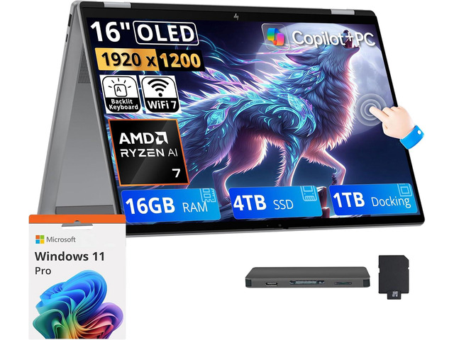 HP OmniBook X Flip 16' 2K OLED Touch 2-in-1 Copilot+ PC Laptop, AMD Ryzen AI 7 445, 16GB LPDDR5X, 5TB Storage (4TB SSD+1TB Docking Station),...