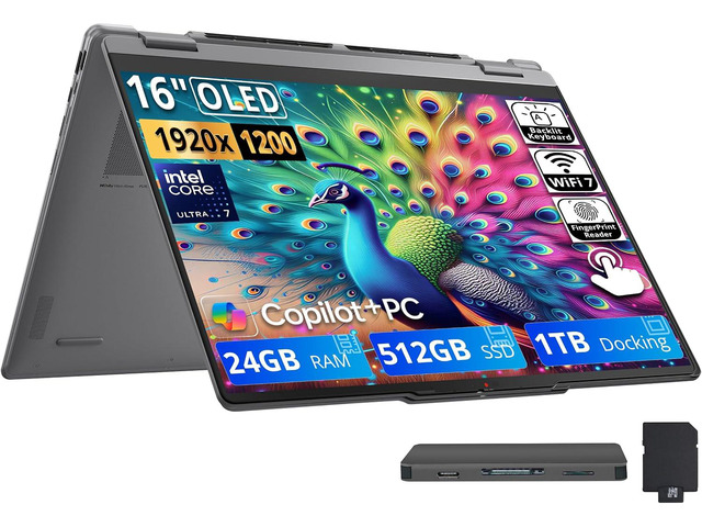 Lenovo Yoga 7i 2-in-1 16' 2K OLED Touch Laptop, Intel Core Ultra 7 355, 24GB LPDDR5X, 1.5TB Storage(512GB SSD+1TB Docking Station Set), Backlit...