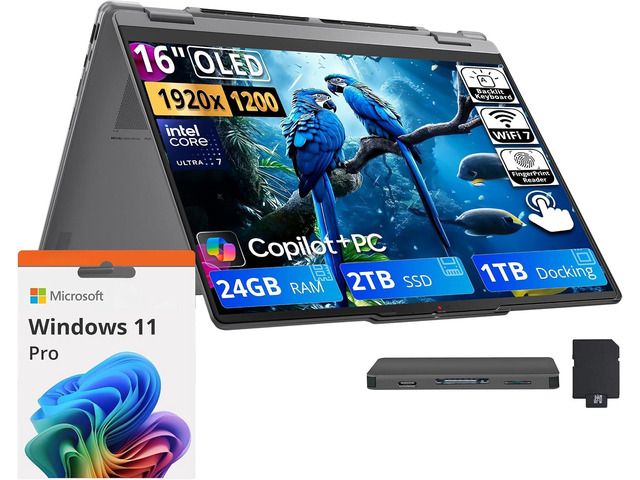 Lenovo Yoga 7i 2-in-1 16' 2K OLED Touch Laptop, Intel Core Ultra 7 355, 24GB RAM, 3TB Storage(2TB SSD+1TB Docking Station Set), Backlit Keyboard,...
