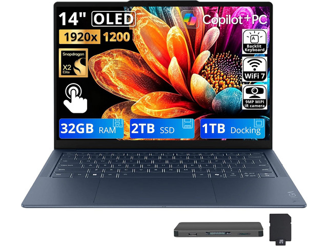 Lenovo Yoga Slim 7X 14'' 2K OLED Touchscreen Copilot+ PC Laptop, Snapdragon X2 Elite X2E-88-100, 32GB LPDDR5X, 3TB Storage (2TB SSD+1TB Docking...