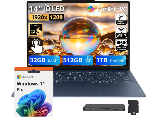 Lenovo Yoga Slim 7X 14'' WUXGA OLED Touch AI Laptop, Snapdragon X2 Elite X2E-88-100, 32GB LPDDR5X, 1.5TB Storage (512GB SSD+1TB Docking Station),...