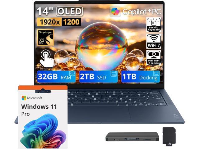 Lenovo Yoga Slim 7X 14'' WUXGA OLED Touch AI Laptop, Snapdragon X2 Elite X2E-88-100, 32GB LPDDR5X, 3TB Storage (2TB SSD+1TB Docking Station),...