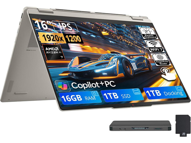 Lenovo Yoga 7a 2-in-1 16' WUXGA Touchscreen Laptop, AMD Ryzen AI 7 445, 16GB LPDDR5X, 2TB Storage (1TB SSD+1TB Docking Station), AMD Radeon 840M,...