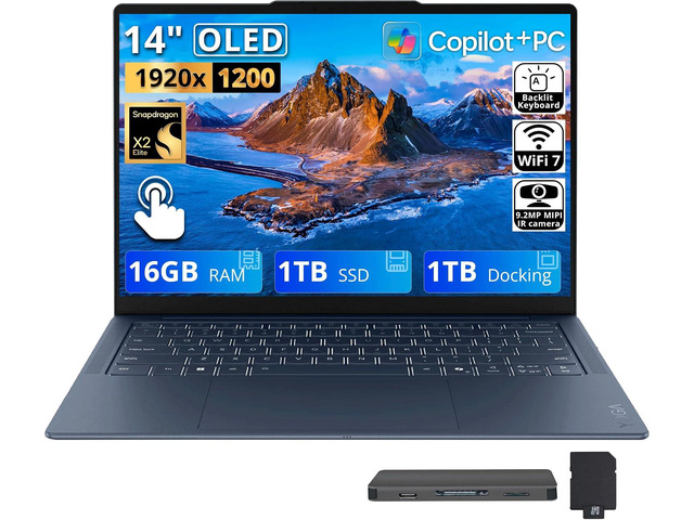 Lenovo Yoga Slim 7X 14'' WUXGA Touch Copilot+ PC Laptop, Snapdragon X2E-80-100, 16GB LPDDR5X, 2TB Storage(1TB SSD+1TB Docking Station), Qualcomm...