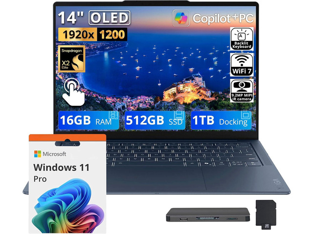Lenovo Yoga Slim 7X 14'' WUXGA Touch Copilot+ PC Laptop, Snapdragon X2E-80-100, 16GB LPDDR5X, 1.5TB Storage(512GB SSD+1TB Docking Station),...