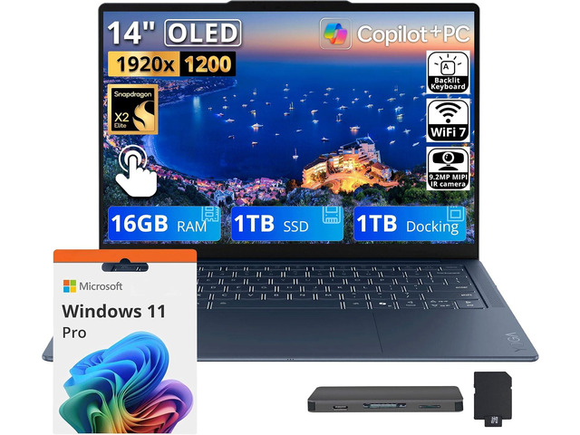 Lenovo Yoga Slim 7X 14'' WUXGA Touch Copilot+ PC Laptop, Snapdragon X2E-80-100, 16GB LPDDR5X, 2TB Storage(1TB SSD+1TB Docking Station), Qualcomm...