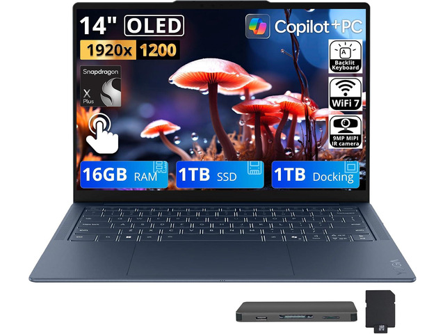 Lenovo Yoga Slim 7x 14' 2K OLED Touch Laptop, Snapdragon X2 Plus X2P-42-100, 16GB RAM, 2TB Storage(1TB SSD+1TB Docking Station), Qualcomm Adreno,...