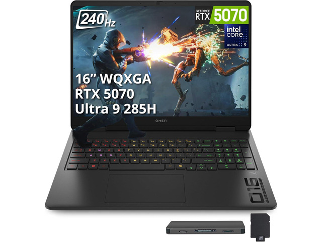 HP OMEN Slim 16 16' WQXGA IPS 240Hz Gaming Laptop, Intel Core Ultra 9 285H, GeForce RTX 5070 8GB, 32GB DDR5, 3TB Storage (2TB SSD+1TB Docking...