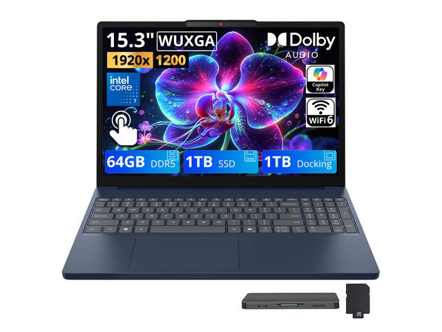 Lenovo IdeaPad Slim 3i 15.3' WUXGA Touch Laptop, Intel Core 7 350, 64GB DDR5, 2TB Storage (1TB SSD+1TB Docking Station), Intel Graphics, 720p HD...