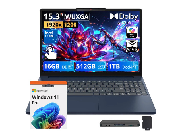 Lenovo IdeaPad Slim 3i 15.3' WUXGA Touch Laptop, Intel Core 7 350, 16GB DDR5 RAM, 1.5TB Storage (512GB SSD+1TB Docking Station), Intel Graphics,...