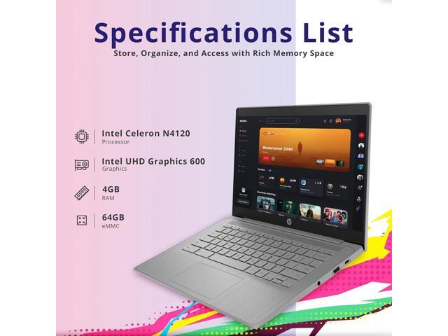 HP Chromebook 14' HD Laptop, Intel Celeron N4120, 4GB LPDDR4, 64GB eMMC, Intel UHD Graphics 600, Webcam, Bluetooth, Wi-Fi, Long Battery Life,...