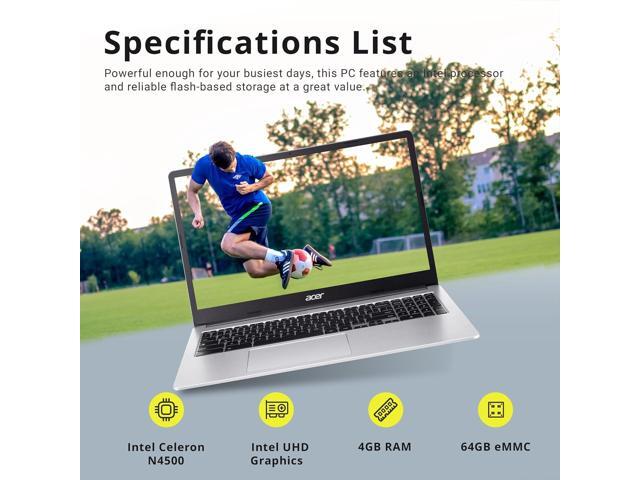 Acer Chromebook 315 Laptop Intel Celeron N4500 15.6' Full HD IPS Display Intel UHD Graphics 4GB LPDDR4X 64GB eMMC Chrome OS,Silver