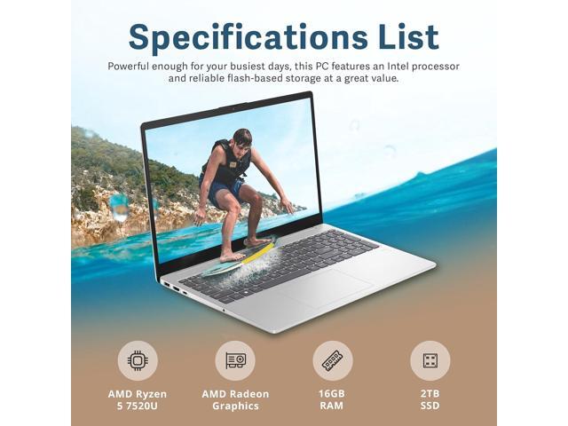 HP 15.6' Full HD Laptop, AMD Ryzen 5 7520U, 16GB DDR5 RAM, 2TB SSD, AMD Radeon Graphics, HD Camera, Wi-Fi 6, Win 11 Pro, Silver, 32GB Hotface USB...