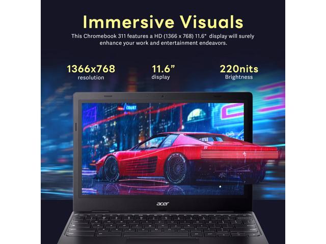 Acer Chromebook 311 11.6' HD Display 4GB LPDDR4X RAM 64GB eMMC Intel Celeron N4500 Intel UHD Graphics Black Chrome OS HD Webcam ...