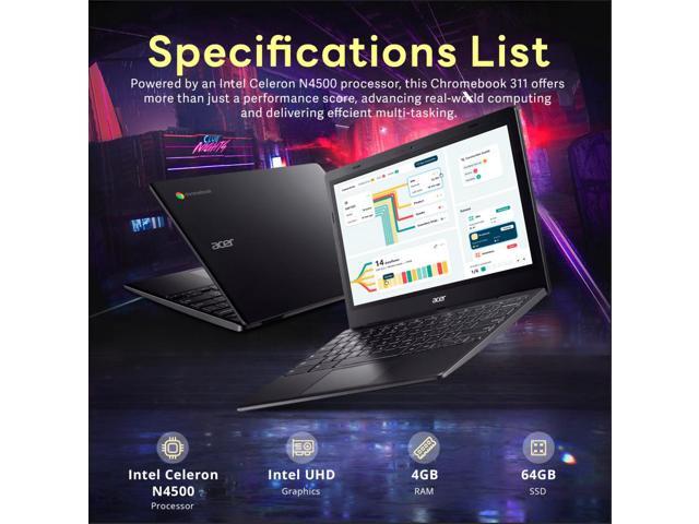 Acer Chromebook 311 11.6' HD Display Laptop, Intel Celeron N4500, 4GB LPDDR4X, 64GB eMMC, Intel UHD Graphics, HD Webcam, WiFi 5, Chrome OS, Black,...