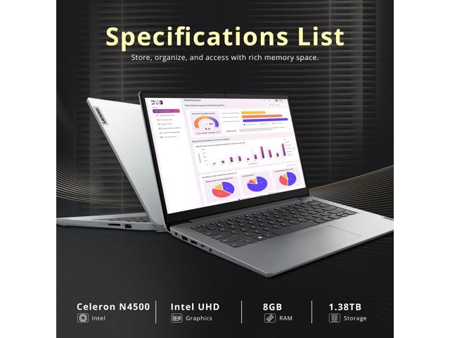 Lenovo Ideapad 1i 14' HD Laptop, Intel Celeron N4500, 8GB RAM, 1.38TB Storage(256GB SSD+128GB eMMC+1TB Docking Station Set), Intel UHD Graphics, 1...