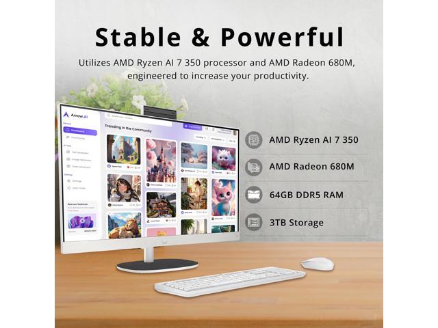 HP 27' FHD Touchscreen All-in-One Desktop, AMD Ryzen AI 7 350, 64GB DDR5, 3TB Storage (2TB SSD+1TB Docking Station Set), AMD Radeon 680M, Keyboard...
