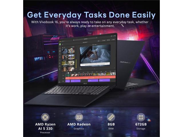 ASUS Vivobook 16 16' WUXGA Laptop, AMD Ryzen AI 5 330, 8GB RAM, 672GB Storage (512GB SSD+160GB Docking Station Set), AMD Radeon Graphics, Numeric...