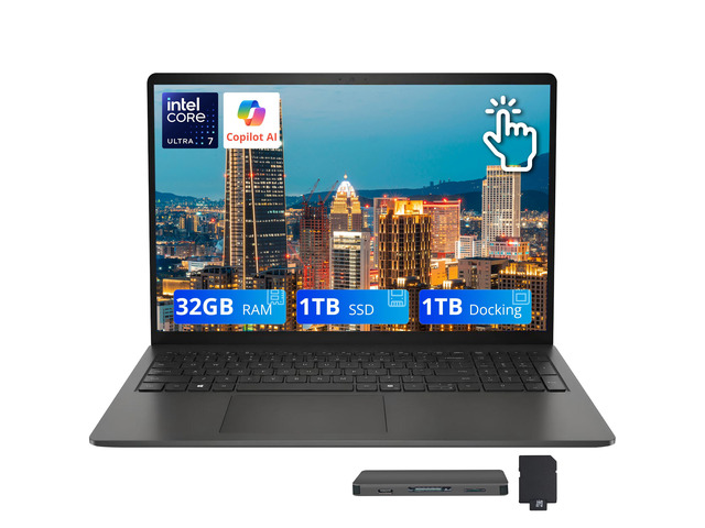 Dell 15 15.6' FHD Touchscreen Laptop, Intel Core Ultra 7 255U, 32GB DDR5, 2TB Storage (1TB SSD+1TB Docking Station Set), Backlit Keyboard, Numeric...