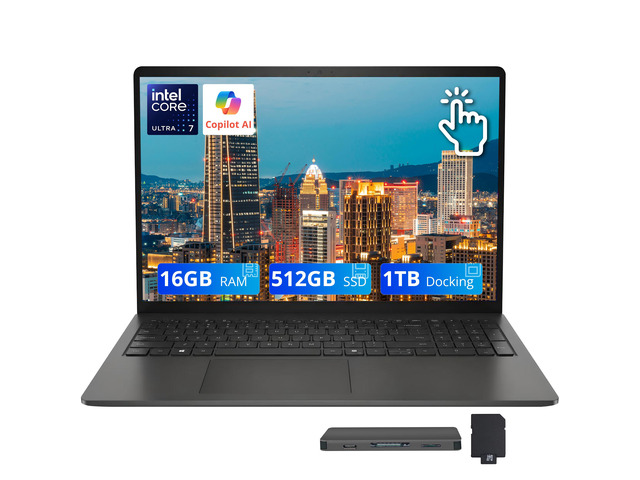 Dell 15 15.6' FHD Touchscreen Laptop, Intel Core Ultra 7 255U, 16GB DDR5, 1.5TB Storage (512GB SSD+1TB Docking Station Set), Backlit Keyboard,...