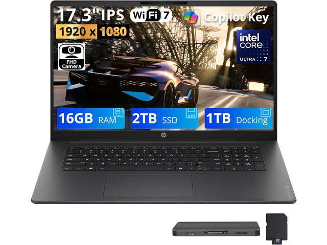HP OmniBook 3 17.3' FHD IPS AI Laptop, Intel Core Ultra 7 255U, 16GB DDR5, 3TB Storage (2TB SSD+1TB Docking Station), Intel Graphics, Backlit...