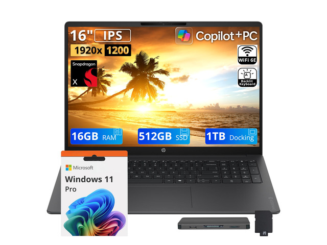 HP OmniBook 3 16' 2K Laptop, Snapdragon X X1-26-100, 16GB LPDDR5X, 1.5TB Storage (512GB SSD+1TB Docking Station Set), Qualcomm Adreno GPU, Copilot+...