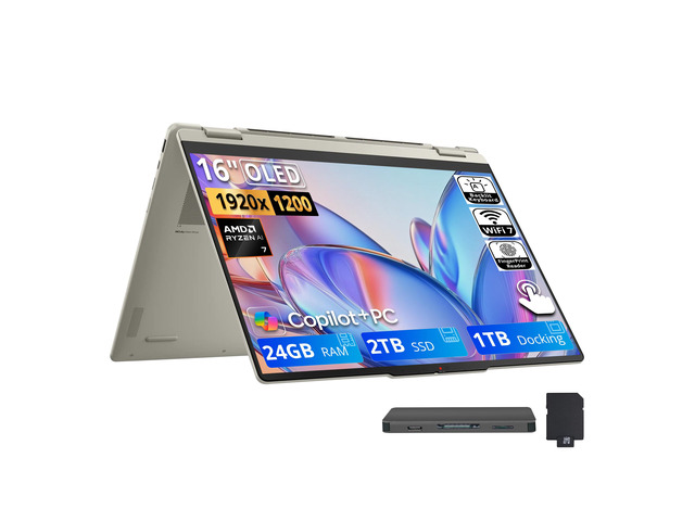 Lenovo Yoga 7a 2-in-1 16' 2K OLED Touchscreen Laptop, AMD Ryzen AI 7 445, 24GB LPDDR5X, 3TB Storage(2TB SSD+1TB Docking Station), Backlit Keyboard,...