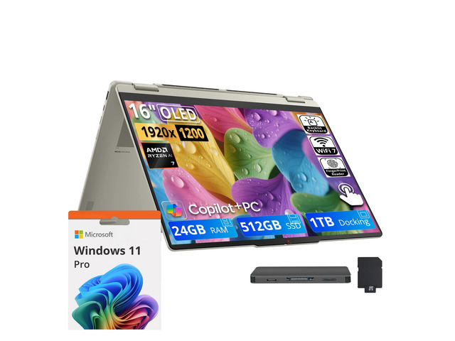 Lenovo Yoga 7a 2-in-1 Laptop, 16' 2K OLED Touchscreen Display, AMD Ryzen AI 7 445, 24GB RAM, 1.5TB Storage(512GB SSD+1TB Docking Station), Backlit...