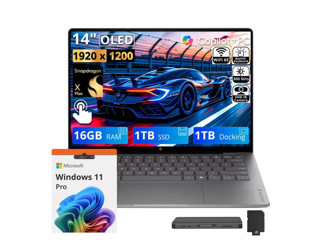 HP 14' OmniBook X Laptop for Work & Creation, Snapdragon X Plus X1P-42-100, 16GB LPDDR5X, 2TB Storage (1TB SSD+1TB Docking Station), Adreno Graphics,...