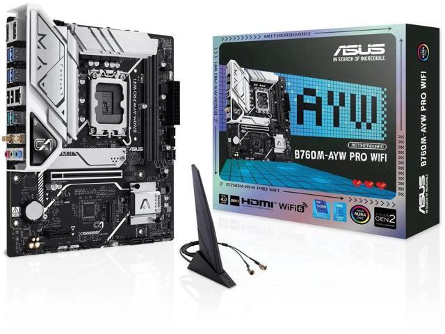 ASUS B760M-AYW PRO WIFI, an Intel B760 (LGA 1700) mATX motherboard with PCIe 4.0, two M.2 slots, DDR5, WIFI 6, Realtek 2.5Gb Ethernet, DP & HDMI,...