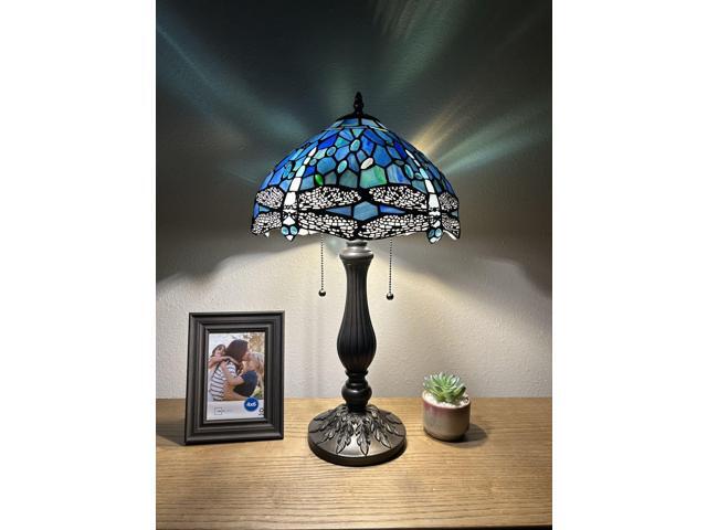 ENJOY DECOR LAMPS Tiffany Style Table Lamp Blue Stained Glass Dragonfly LED Bulbs Included for Living Room Bedroom Bedside 12'W*12'D*22'H