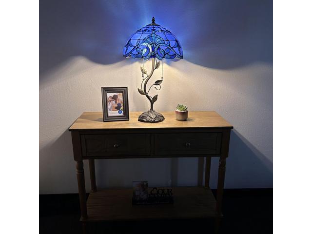 ENJOY DECOR LAMPS Tiffany Style Table Lamp Blue Stained Glass Baroque Style Lavender Iron Metal Leaves Bronze Base Included LED Bulbs for Living...