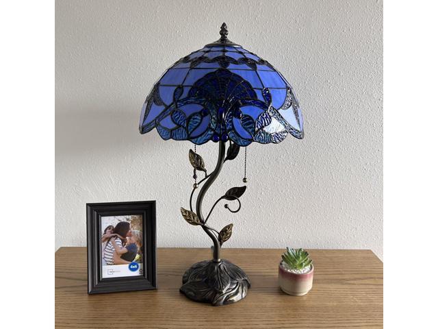 ENJOY DECOR LAMPS Tiffany Style Table Lamp Blue Stained Glass Baroque Style Lavender Iron Metal Leaves Bronze Base Included LED Bulbs for Living...