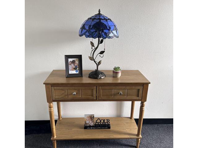 ENJOY DECOR LAMPS Tiffany Style Table Lamp Blue Stained Glass Baroque Style Lavender Iron Metal Leaves Bronze Base Included LED Bulbs for Living...