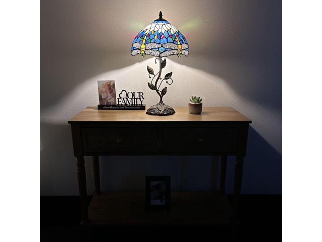 ENJOY DECOR LAMPS Tiffany Style Table Lamp Blue Stained Glass Dragonfly Included LED Bulb for Living Room Bedroom Bedside 12'W*12'D*22'H